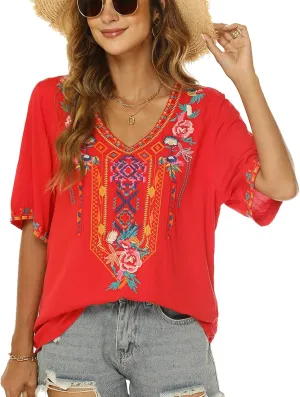 Higustar Women's Mexican Embroidered Tops Traditional Boho Peasant Shirts Summer Short Sleeve Tunics Blouses Hippie Clothes