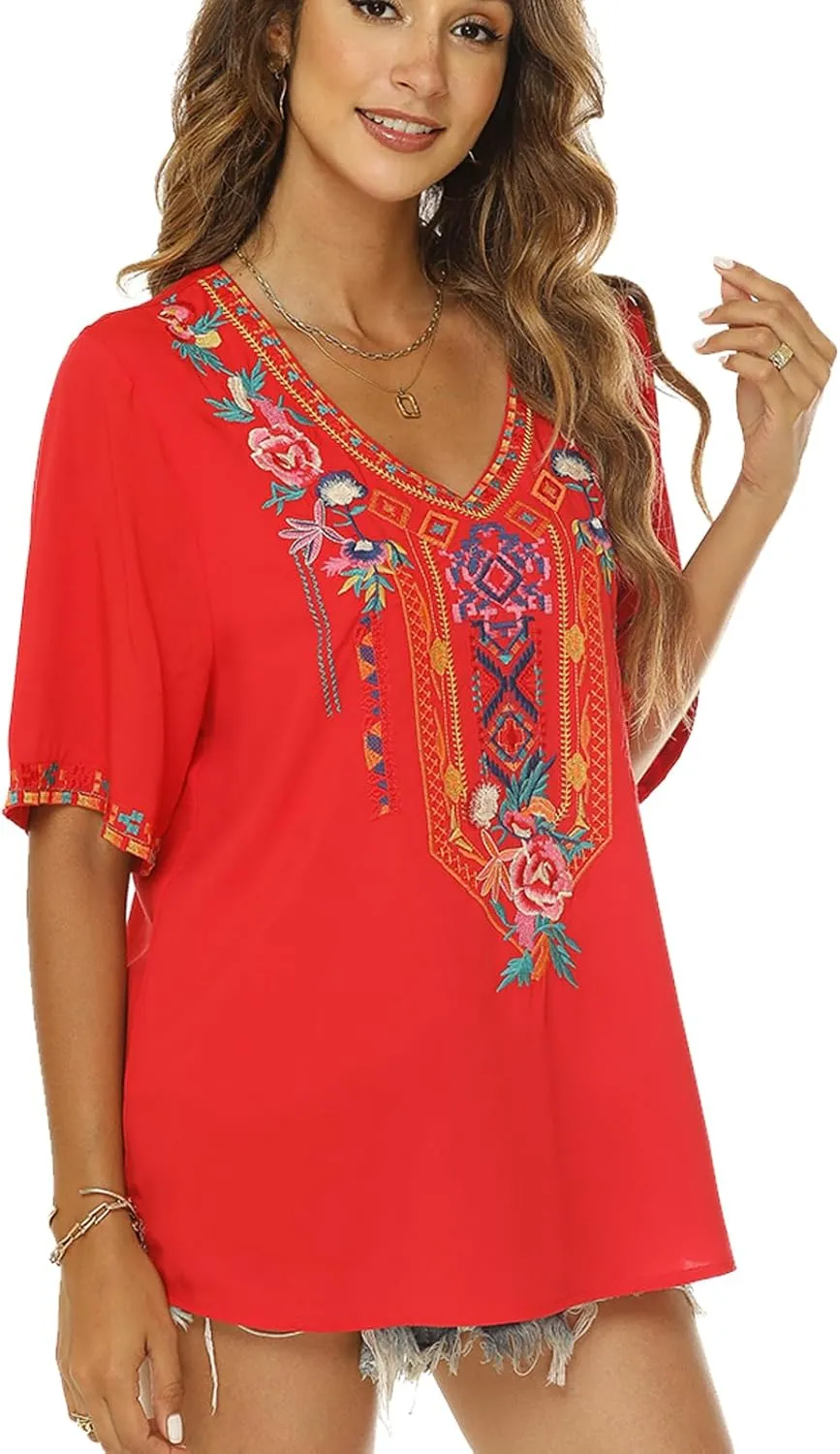 Higustar Women's Mexican Embroidered Tops Traditional Boho Peasant Shirts Summer Short Sleeve Tunics Blouses Hippie Clothes