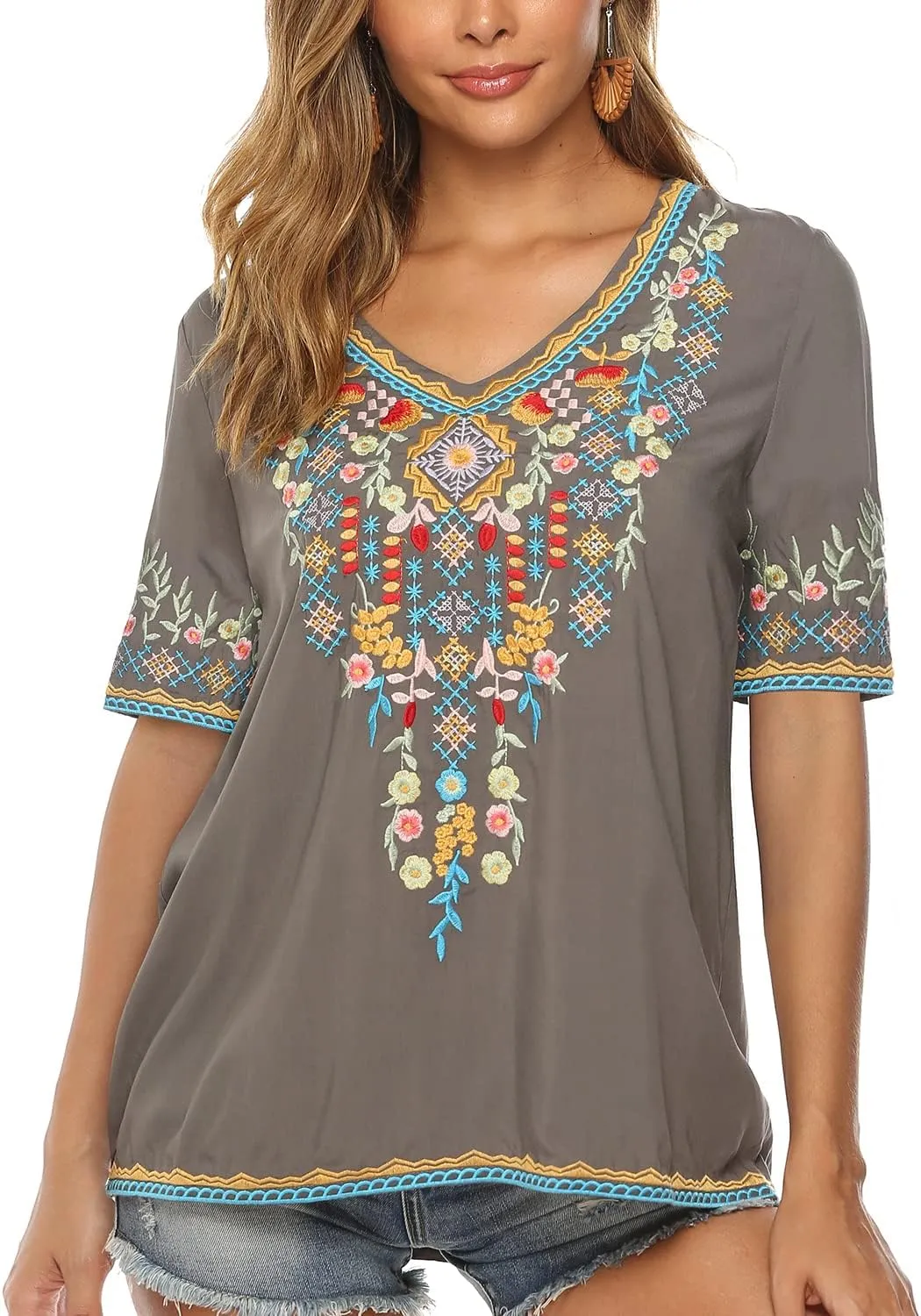 Higustar Women's Mexican Embroidered Tops Traditional Boho Peasant Shirts Summer Short Sleeve Tunics Blouses Hippie Clothes