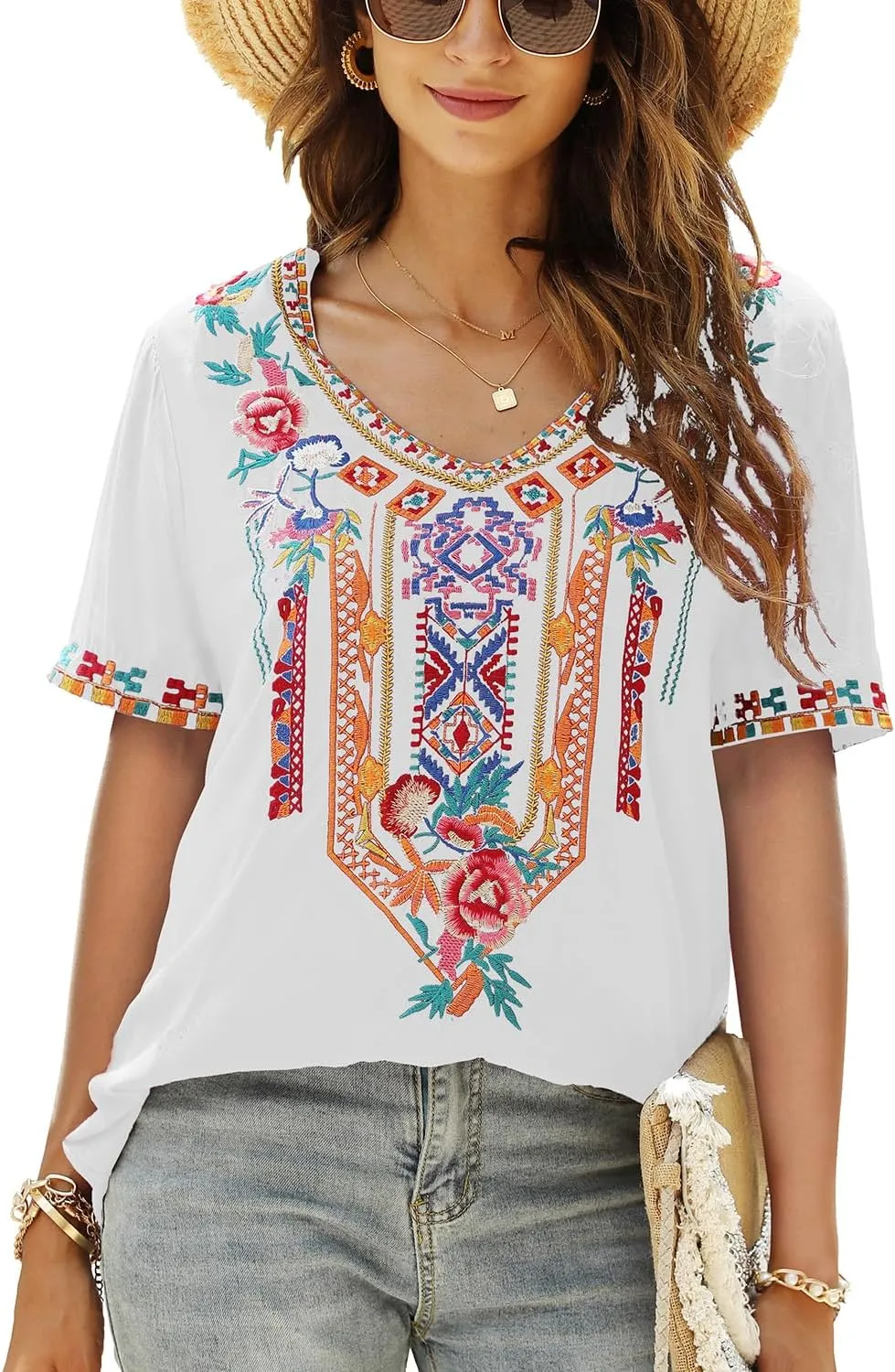 Higustar Women's Mexican Embroidered Tops Traditional Boho Peasant Shirts Summer Short Sleeve Tunics Blouses Hippie Clothes