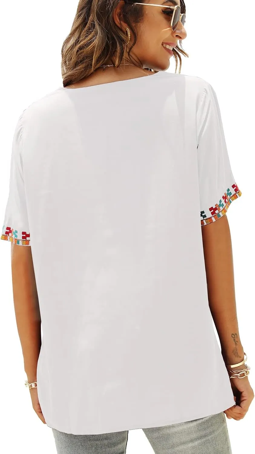Higustar Women's Mexican Embroidered Tops Traditional Boho Peasant Shirts Summer Short Sleeve Tunics Blouses Hippie Clothes