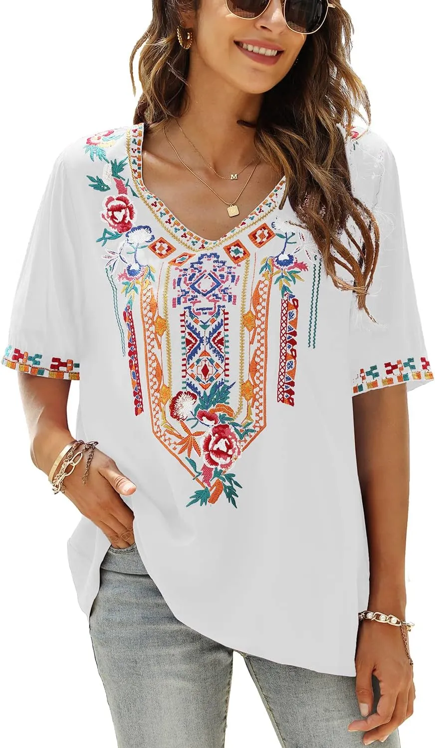 Higustar Women's Mexican Embroidered Tops Traditional Boho Peasant Shirts Summer Short Sleeve Tunics Blouses Hippie Clothes