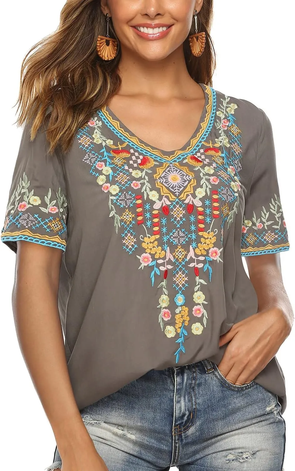 Higustar Women's Mexican Embroidered Tops Traditional Boho Peasant Shirts Summer Short Sleeve Tunics Blouses Hippie Clothes