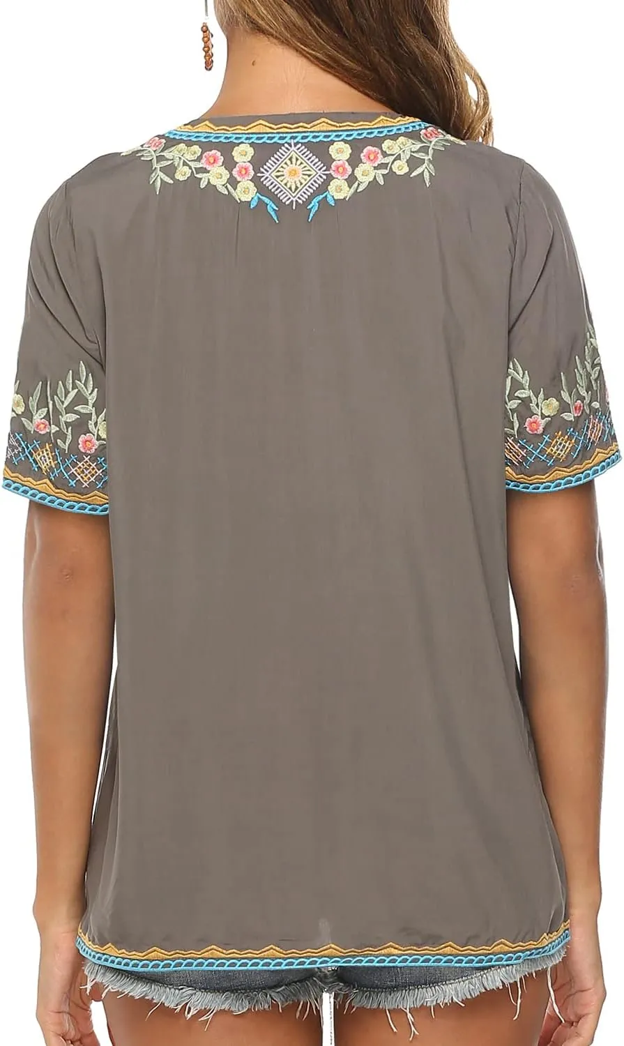 Higustar Women's Mexican Embroidered Tops Traditional Boho Peasant Shirts Summer Short Sleeve Tunics Blouses Hippie Clothes