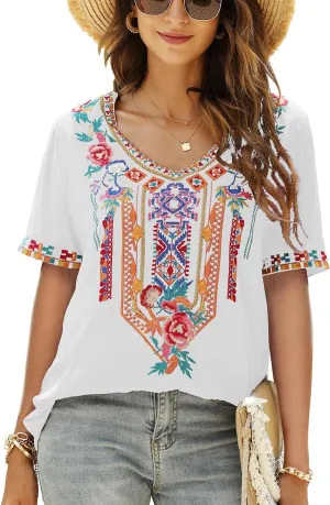 Higustar Women's Mexican Embroidered Tops Traditional Boho Peasant Shirts Summer Short Sleeve Tunics Blouses Hippie Clothes