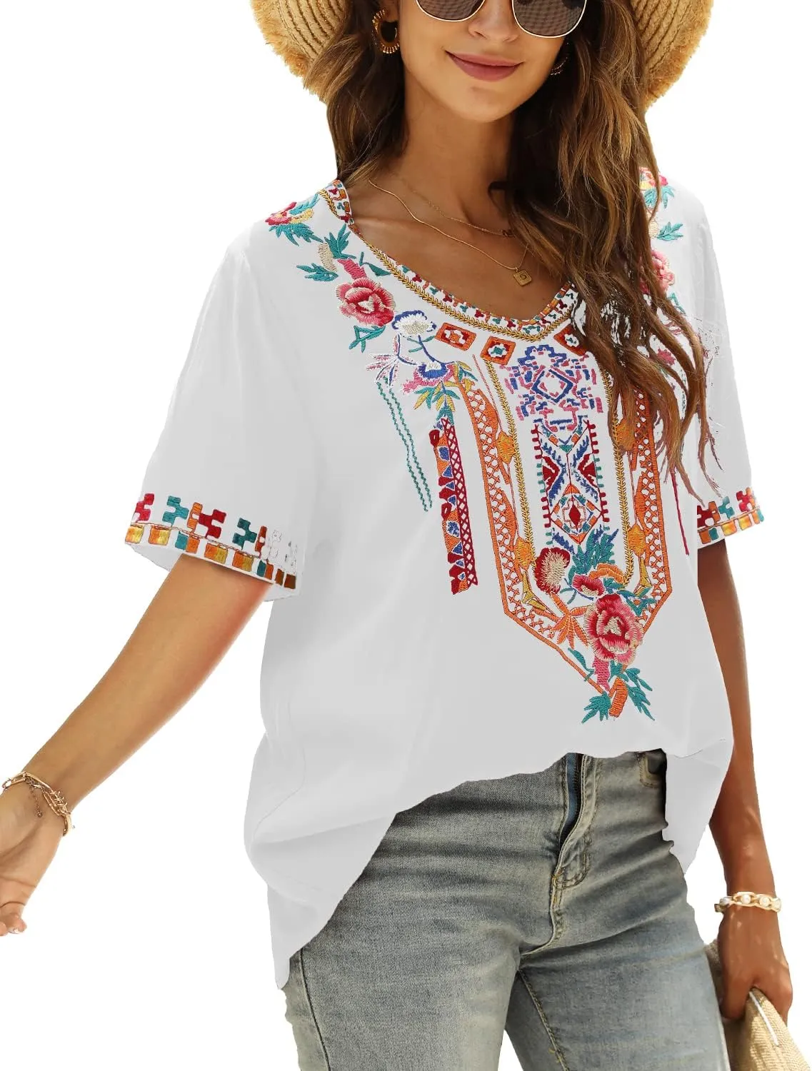 Higustar Women's Mexican Embroidered Tops Traditional Boho Peasant Shirts Summer Short Sleeve Tunics Blouses Hippie Clothes