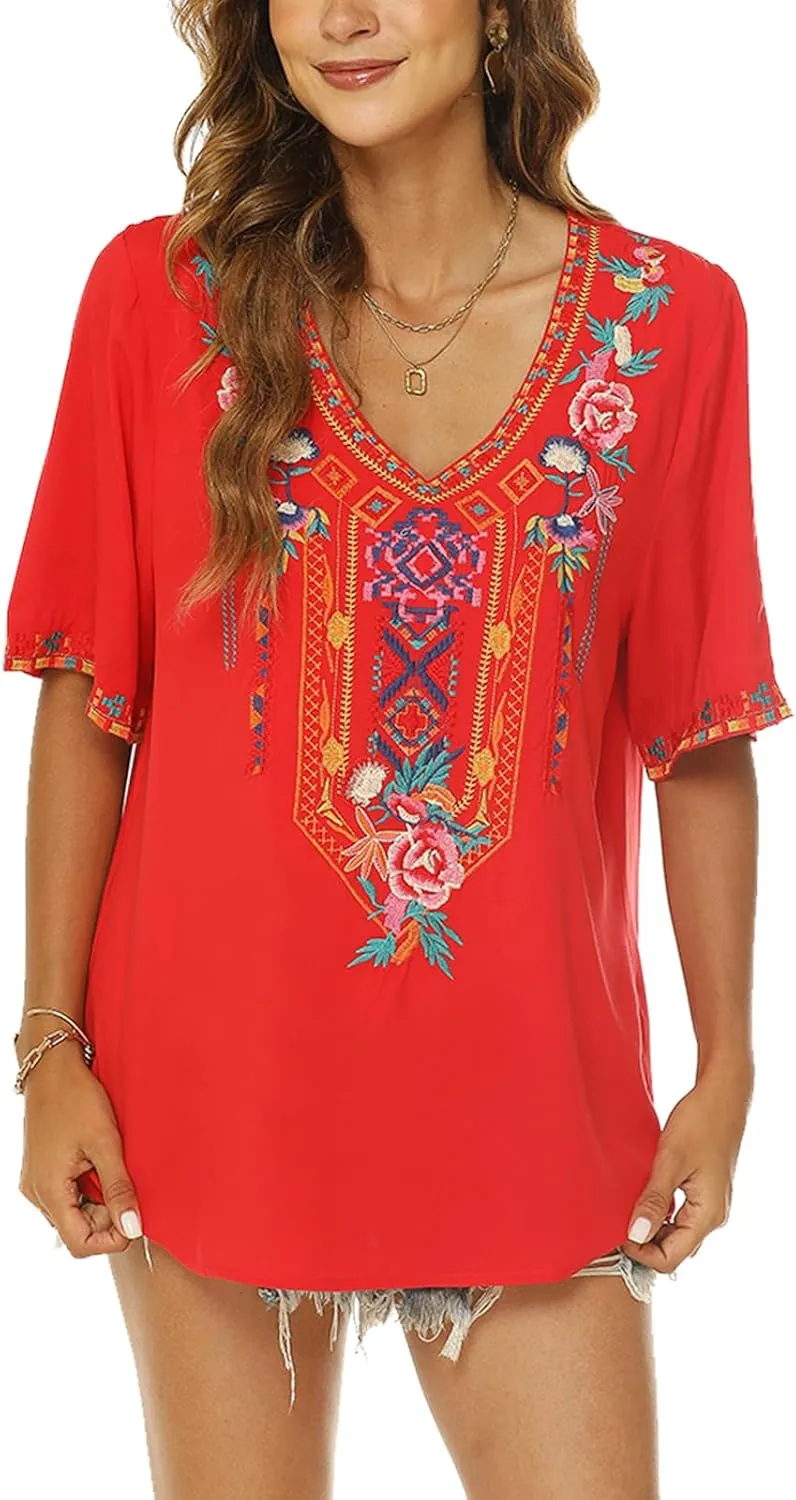 Higustar Women's Mexican Embroidered Tops Traditional Boho Peasant Shirts Summer Short Sleeve Tunics Blouses Hippie Clothes