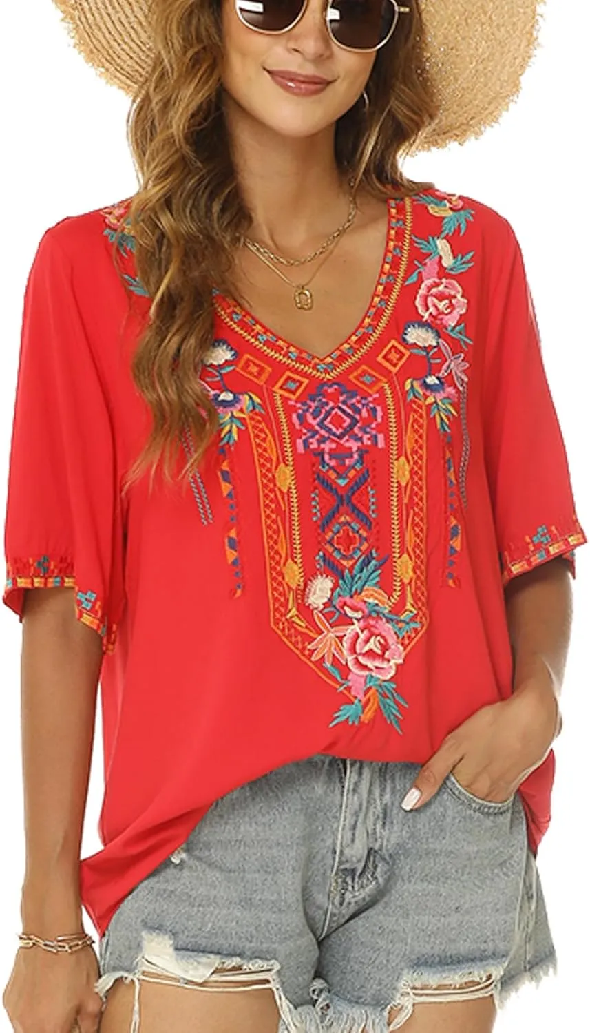 Higustar Women's Mexican Embroidered Tops Traditional Boho Peasant Shirts Summer Short Sleeve Tunics Blouses Hippie Clothes