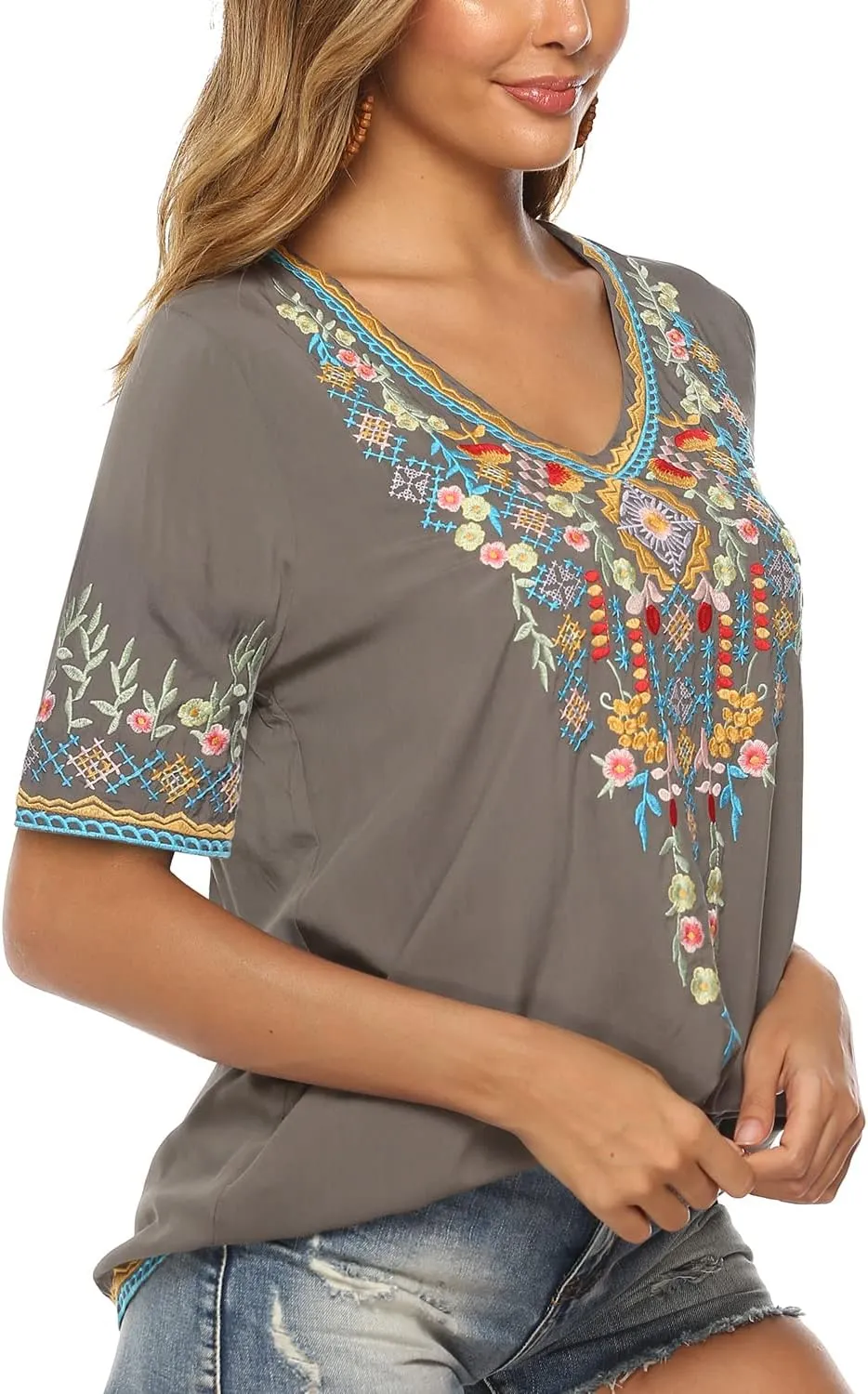 Higustar Women's Mexican Embroidered Tops Traditional Boho Peasant Shirts Summer Short Sleeve Tunics Blouses Hippie Clothes