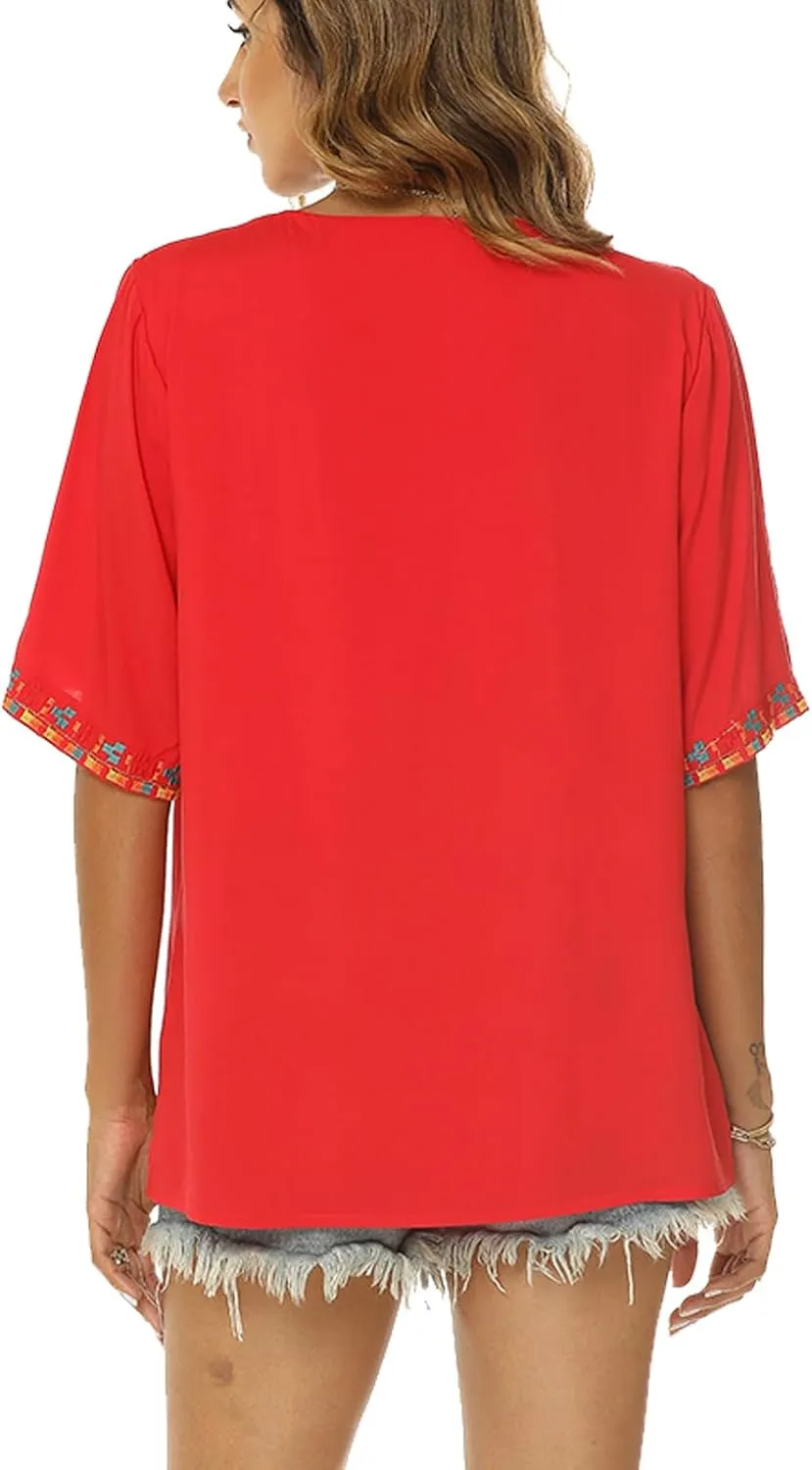 Higustar Women's Mexican Embroidered Tops Traditional Boho Peasant Shirts Summer Short Sleeve Tunics Blouses Hippie Clothes