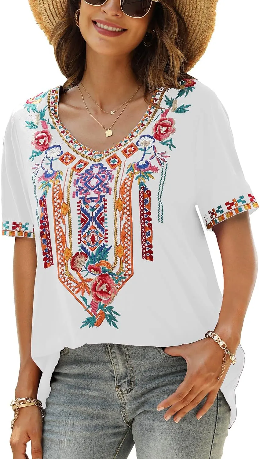 Higustar Women's Mexican Embroidered Tops Traditional Boho Peasant Shirts Summer Short Sleeve Tunics Blouses Hippie Clothes