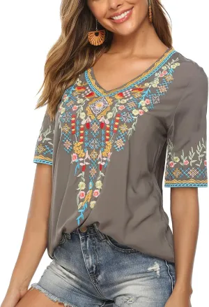 Higustar Women's Mexican Embroidered Tops Traditional Boho Peasant Shirts Summer Short Sleeve Tunics Blouses Hippie Clothes