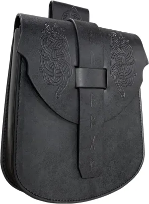 HiiFeuer Viking Embossed Snakes Faux Leather Belt Bag, Nordic Belt Pouch, Medieval Vintage Portable Waist Bag for Ren Faire (Black B)