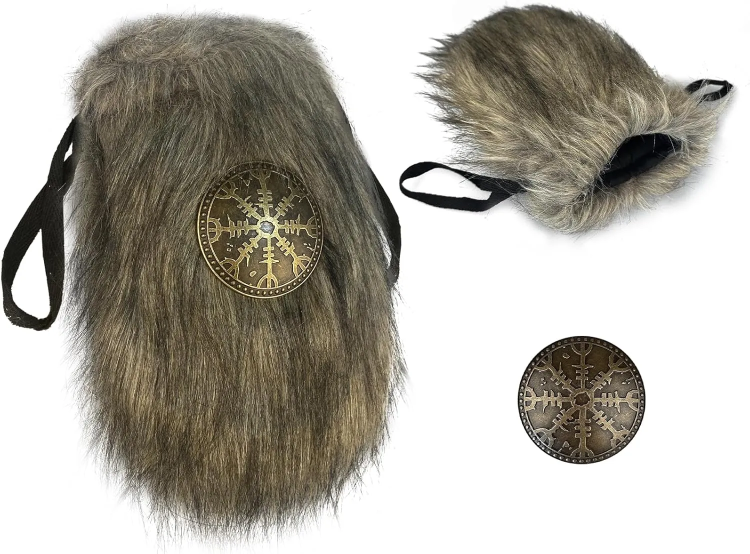 HiiFeuer Viking Faux Fur Belt Bag Nordic Badge Belt Pouch Fuzzy Portable Drawstring Purse Medieval Cosplay Side Pack Dice Bag (Brown A)