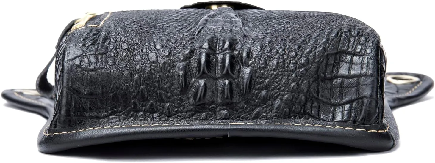 Hiking Waist Pack Leather Drop Leg Bag for Women Men Motorcycle Bike Outdoor Travel Sports Tactical Riding Camping Belt Bum Pouch Small Shoulder Bag (#00Black(Crocodile Pattern))