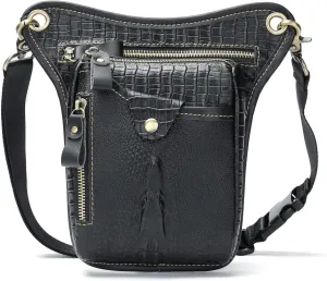 Hiking Waist Pack Leather Drop Leg Bag for Women Men Motorcycle Bike Outdoor Travel Sports Tactical Riding Camping Belt Bum Pouch Small Shoulder Bag (#00Black(Crocodile Pattern))