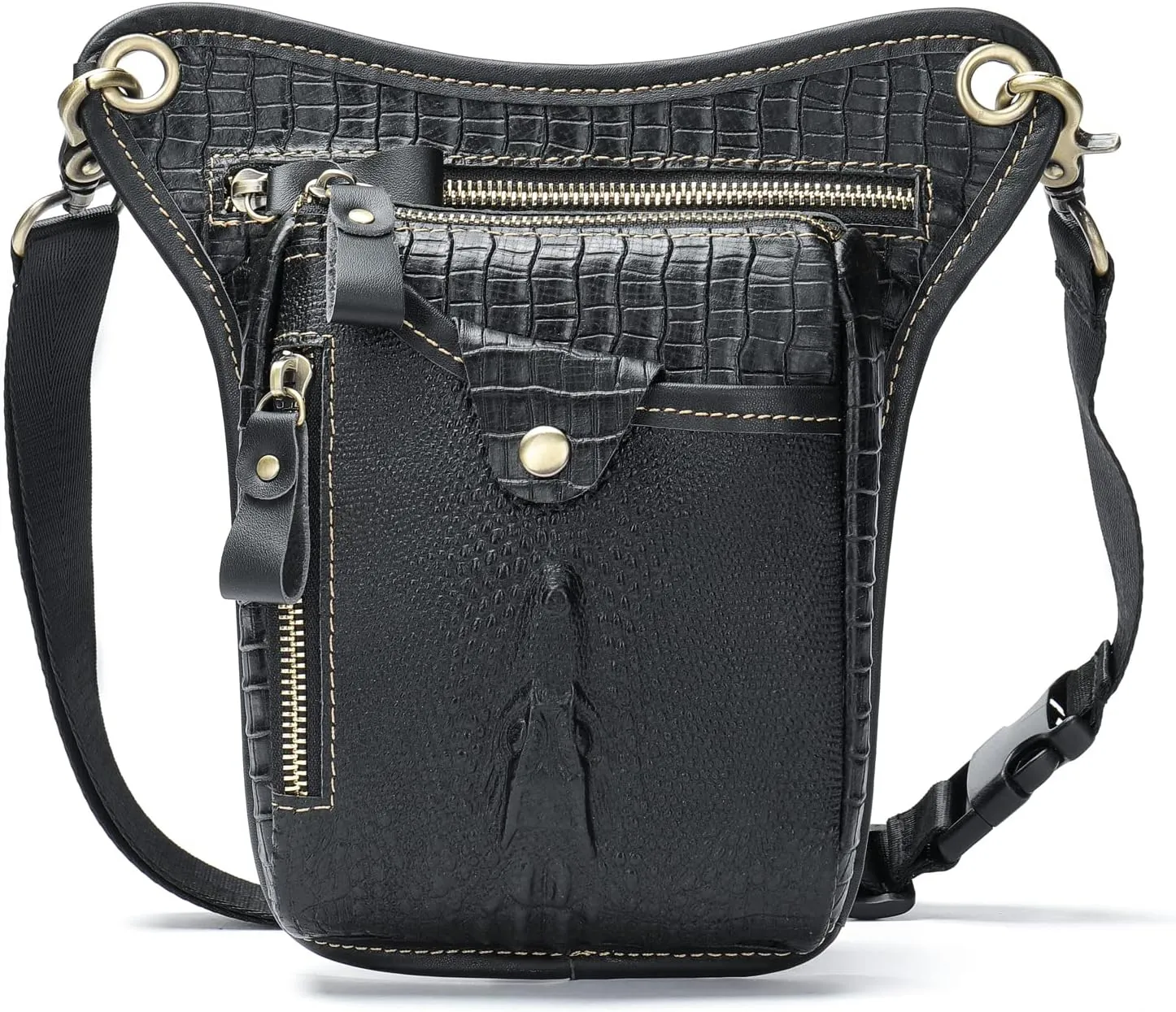 Hiking Waist Pack Leather Drop Leg Bag for Women Men Motorcycle Bike Outdoor Travel Sports Tactical Riding Camping Belt Bum Pouch Small Shoulder Bag (#00Black(Crocodile Pattern))