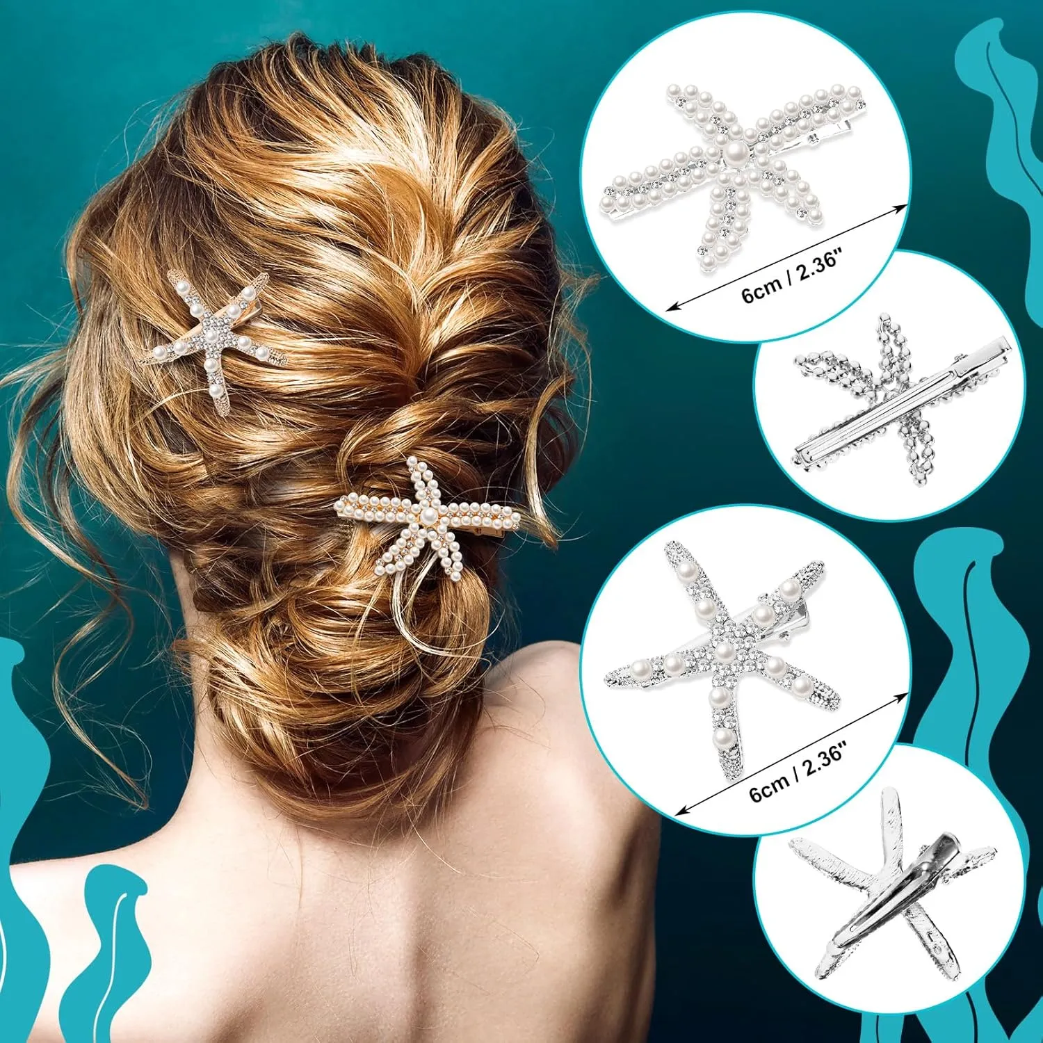 Hillban 6 Pieces Women Mermaid Jewelry Starfish Necklace Bracelets Seashell Purse Summer Beach Earrings Hair Clip Costume Accessories(Gold,Starfish Style)
