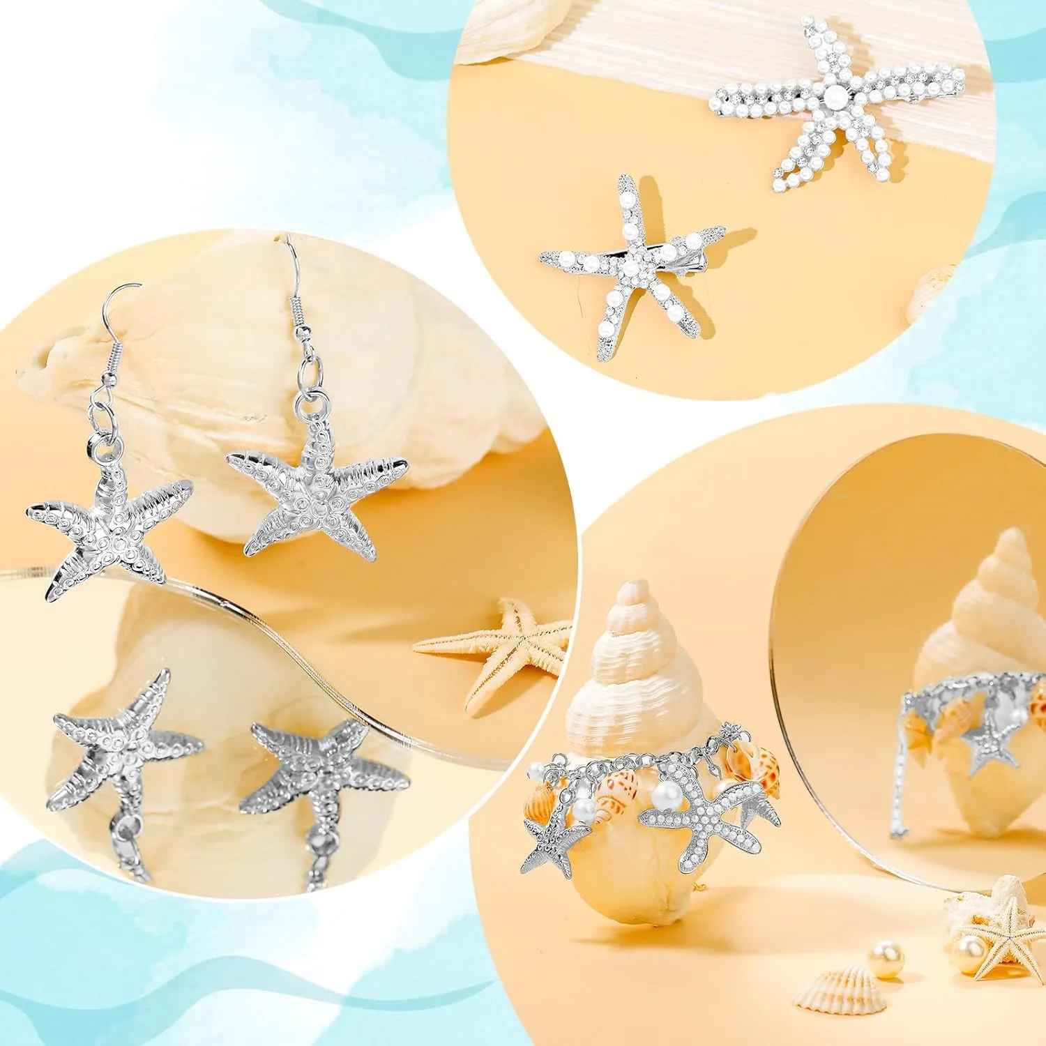 Hillban 6 Pieces Women Mermaid Jewelry Starfish Necklace Bracelets Seashell Purse Summer Beach Earrings Hair Clip Costume Accessories(Gold,Starfish Style)