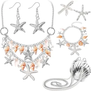 Hillban 6 Pieces Women Mermaid Jewelry Starfish Necklace Bracelets Seashell Purse Summer Beach Earrings Hair Clip Costume Accessories(Gold,Starfish Style)