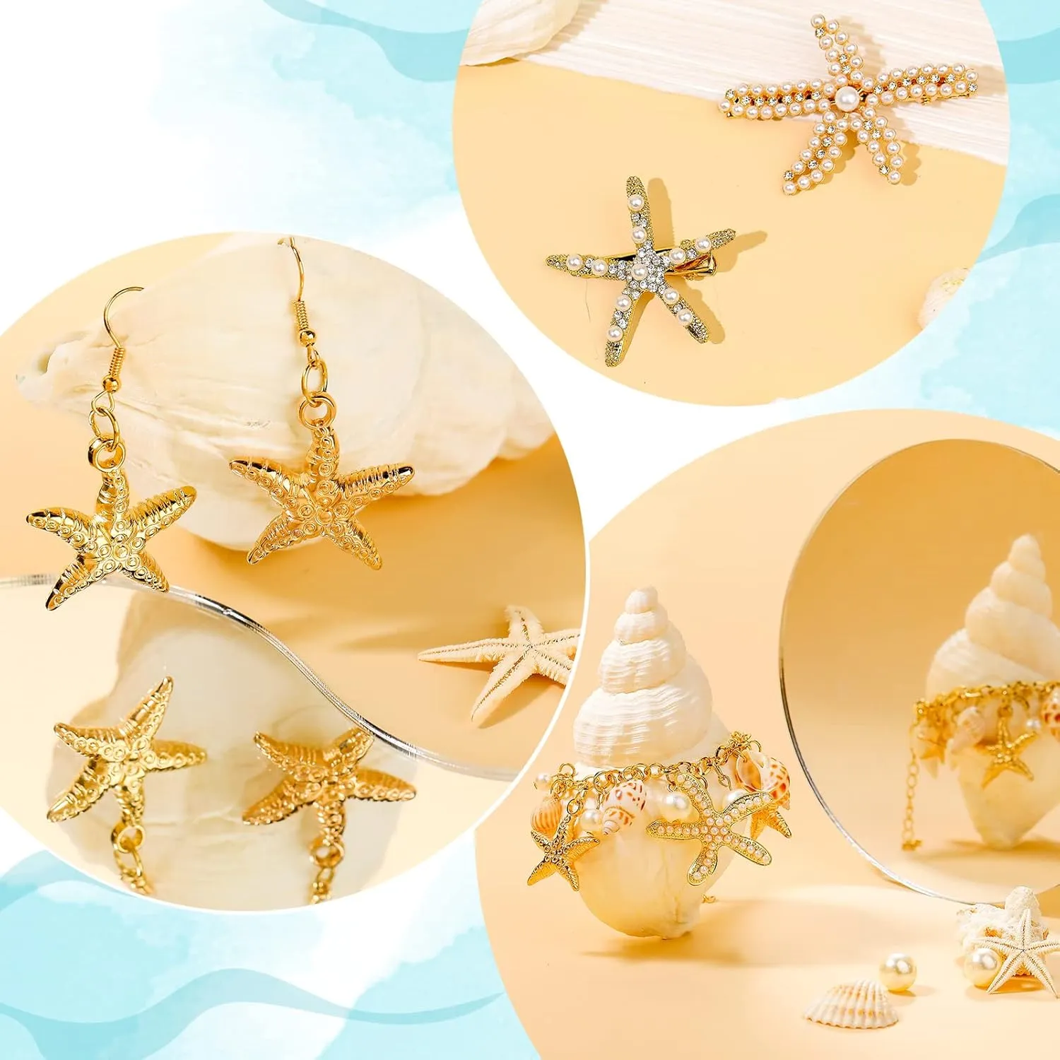Hillban 6 Pieces Women Mermaid Jewelry Starfish Necklace Bracelets Seashell Purse Summer Beach Earrings Hair Clip Costume Accessories(Gold,Starfish Style)