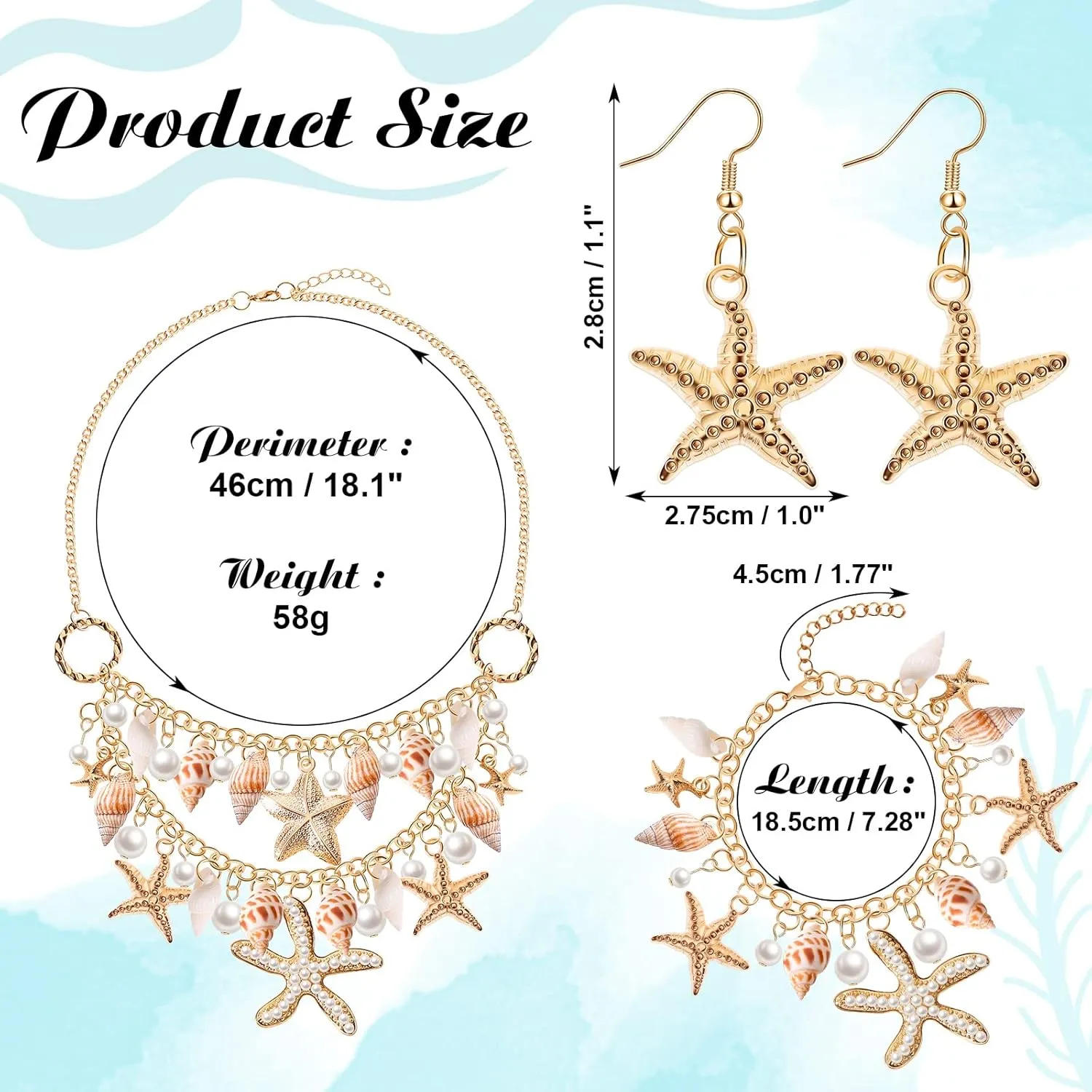 Hillban 6 Pieces Women Mermaid Jewelry Starfish Necklace Bracelets Seashell Purse Summer Beach Earrings Hair Clip Costume Accessories(Gold,Starfish Style)