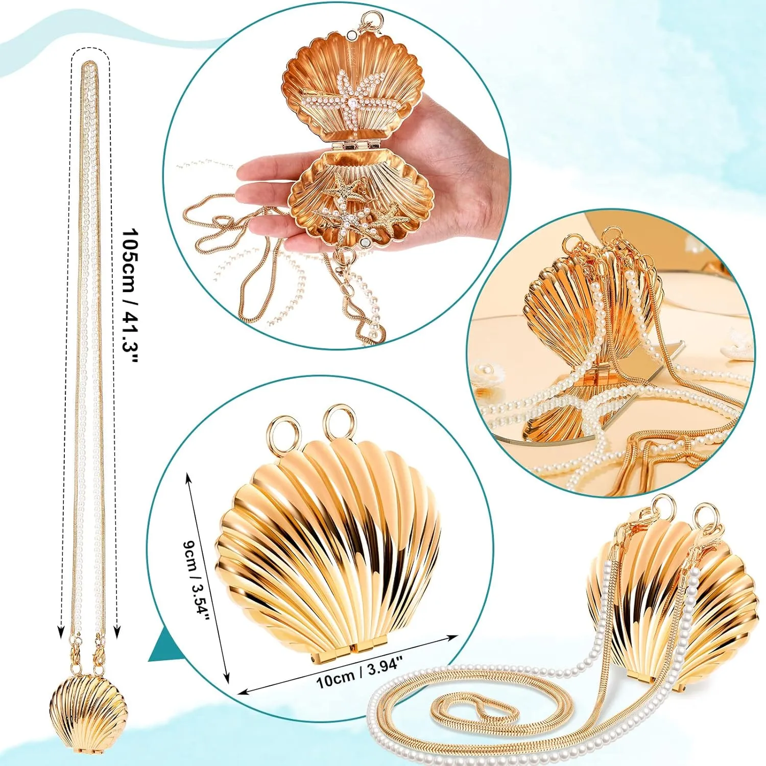 Hillban 6 Pieces Women Mermaid Jewelry Starfish Necklace Bracelets Seashell Purse Summer Beach Earrings Hair Clip Costume Accessories(Gold,Starfish Style)