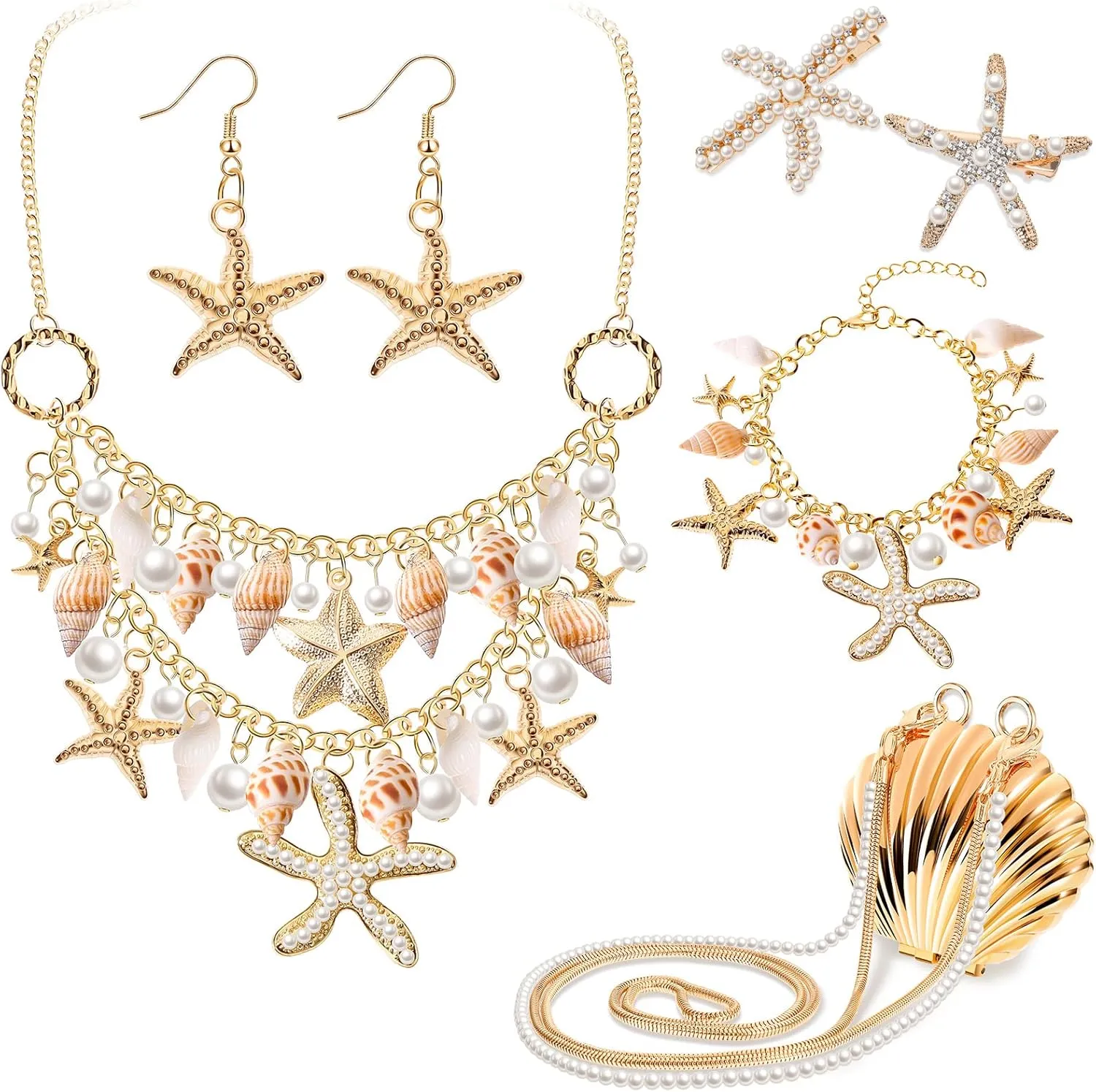 Hillban 6 Pieces Women Mermaid Jewelry Starfish Necklace Bracelets Seashell Purse Summer Beach Earrings Hair Clip Costume Accessories(Gold,Starfish Style)
