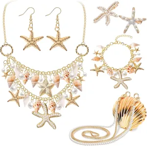 Hillban 6 Pieces Women Mermaid Jewelry Starfish Necklace Bracelets Seashell Purse Summer Beach Earrings Hair Clip Costume Accessories(Gold,Starfish Style)