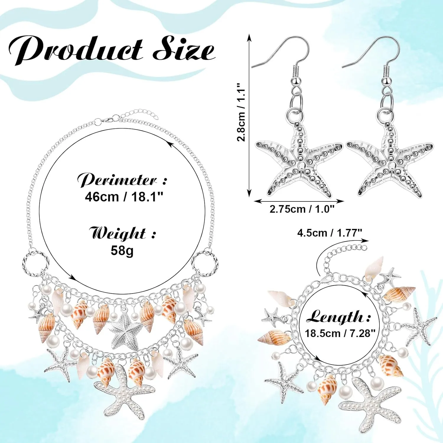 Hillban 6 Pieces Women Mermaid Jewelry Starfish Necklace Bracelets Seashell Purse Summer Beach Earrings Hair Clip Costume Accessories(Gold,Starfish Style)