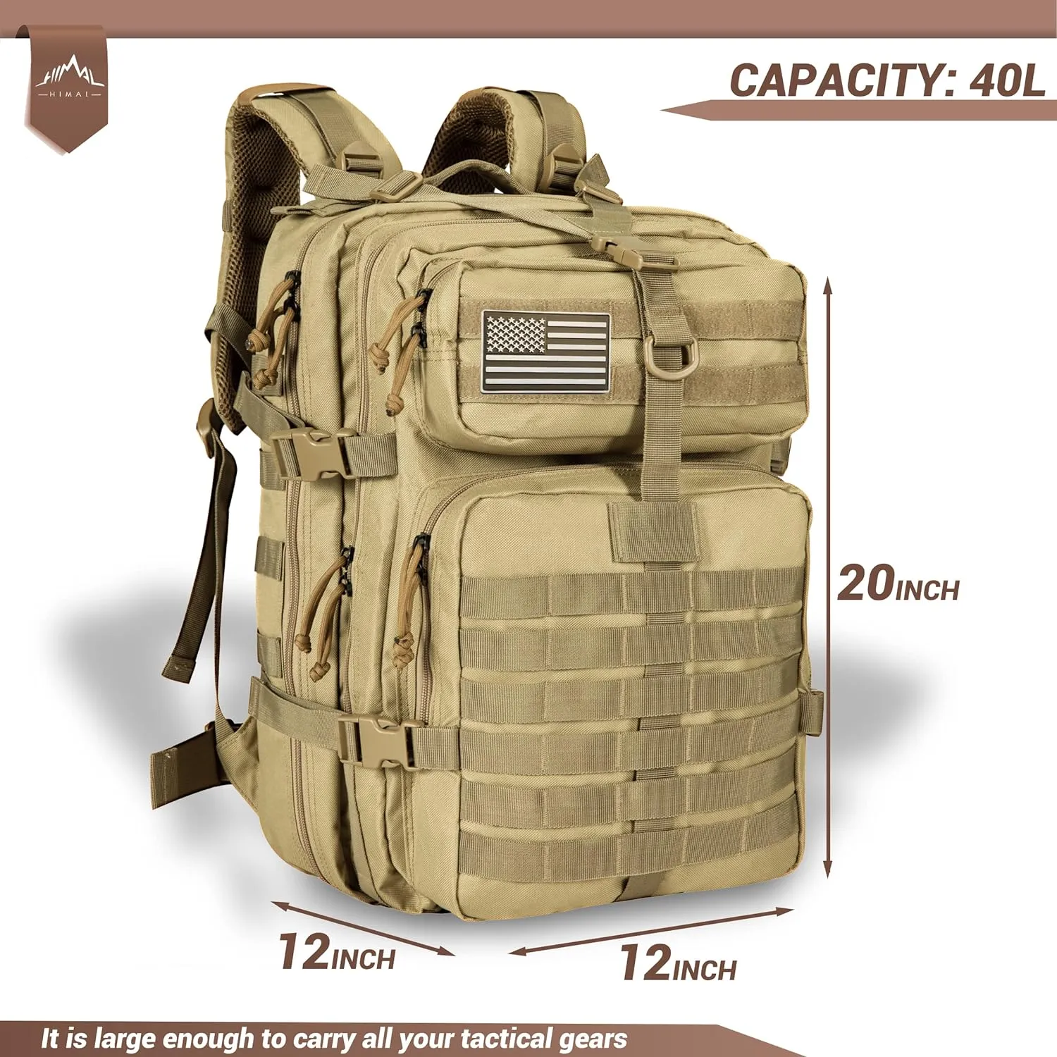Himal Outdoors Military Tactical Backpack - Large Army 3 Day Assault Pack Molle Bag Rucksack,40L (Khaki)