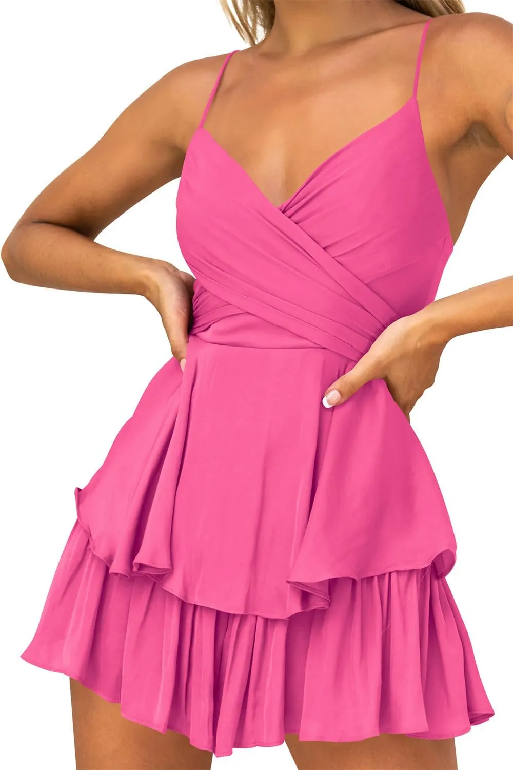 Hocuos Women's Dress Sexy V-Neck Adjustable Spaghetti Strap Waist Tie Sleeveless Layer Ruffle Hem A Line Mini Dress