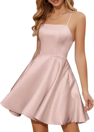 Homecoming Dresses 2024 Cocktail Graduation Short Satin Prom Dress with Pocket(Built-in Bra)