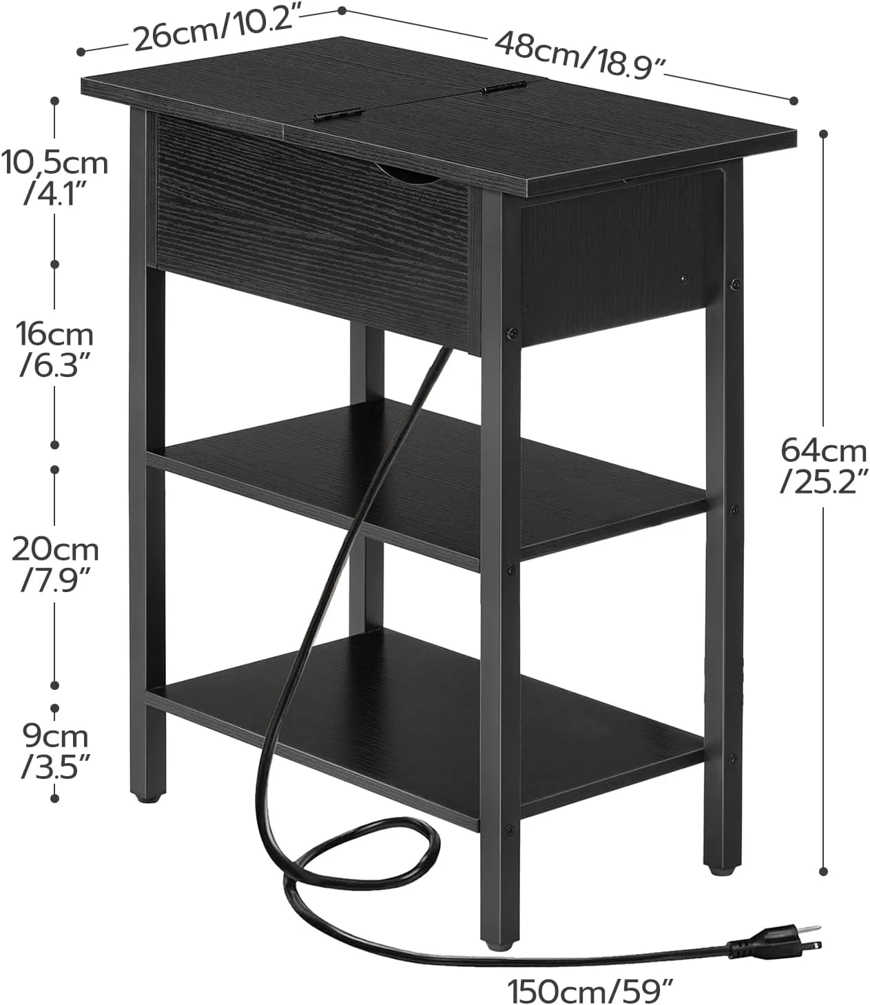 HOOBRO Side Table, Flip End Table with Charging Station and Shelves, USB Ports & Power Outlets, Narrow Nightstand for Small Spaces, Stable and Sturdy, for Living Room, Black BK341BZ01