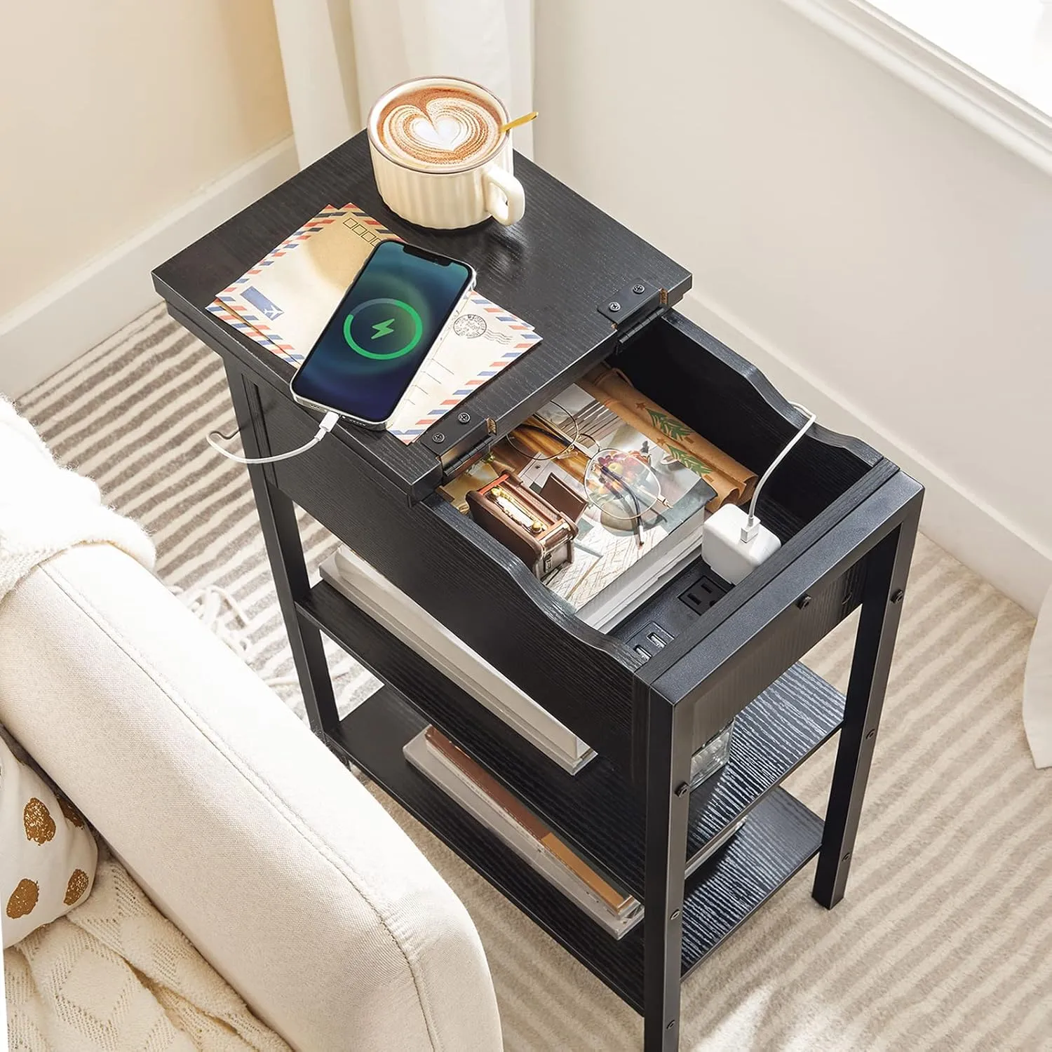 HOOBRO Side Table, Flip End Table with Charging Station and Shelves, USB Ports & Power Outlets, Narrow Nightstand for Small Spaces, Stable and Sturdy, for Living Room, Black BK341BZ01