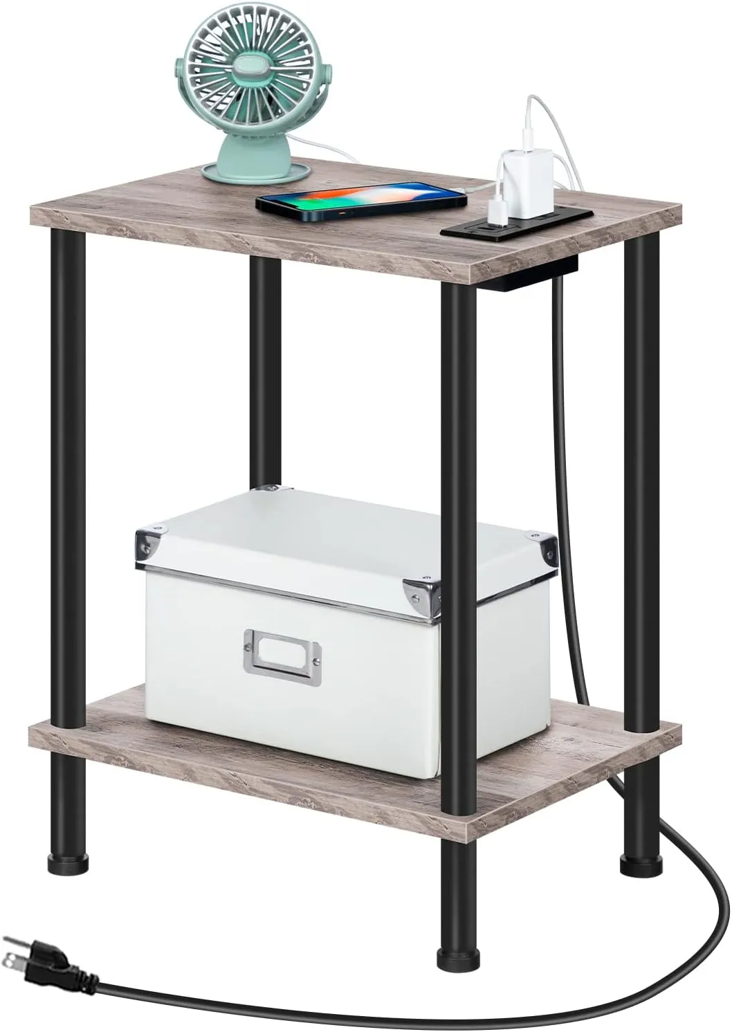 HOOBRO Side Table with Charging Station, End Table with USB Ports and Outlet, Nightstand with 2-Layer Storage Shelves for Small Spaces, Living Room, Bedroom, Stable Frame, Greige and Black BG09UBZ01