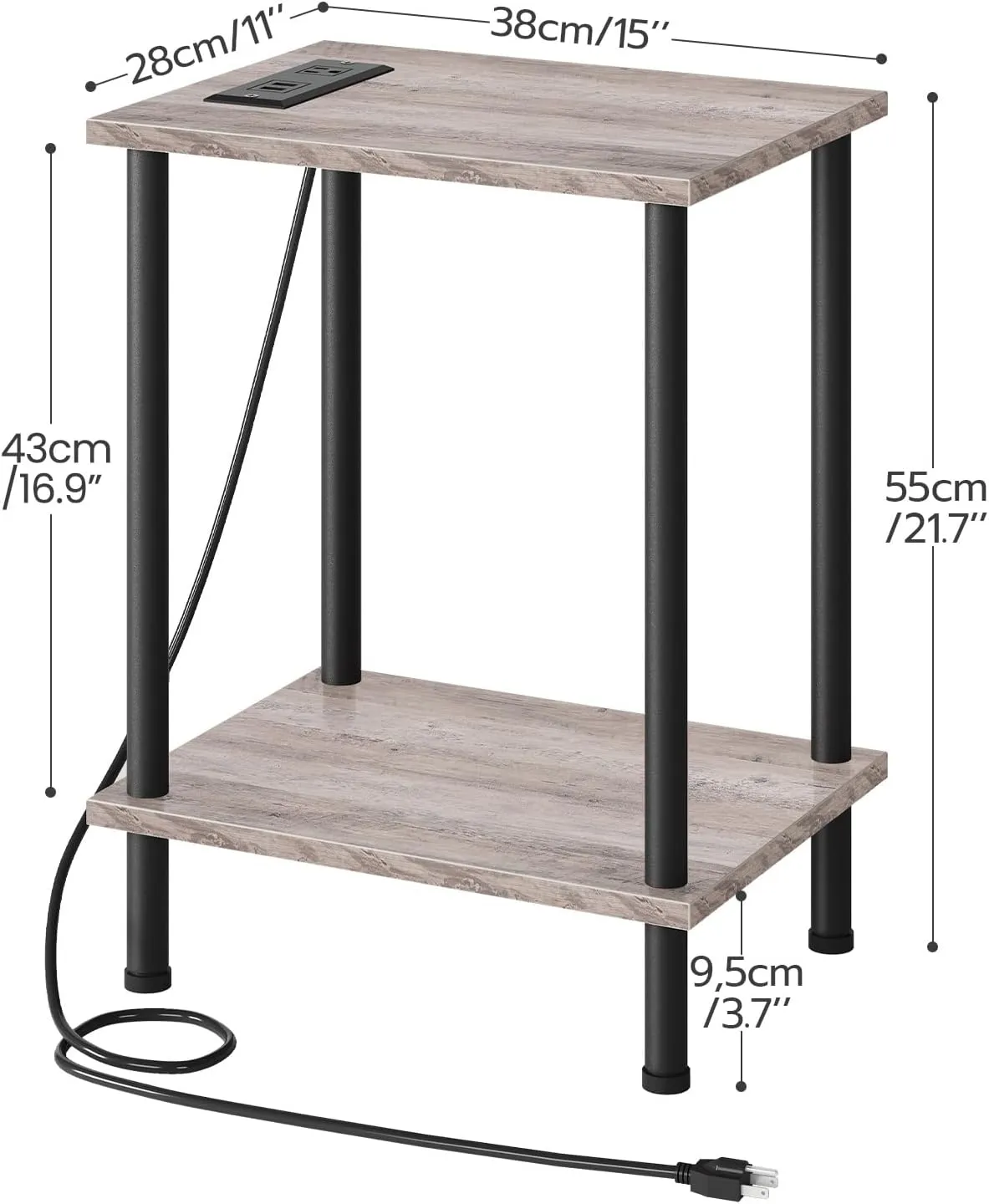 HOOBRO Side Table with Charging Station, End Table with USB Ports and Outlet, Nightstand with 2-Layer Storage Shelves for Small Spaces, Living Room, Bedroom, Stable Frame, Greige and Black BG09UBZ01
