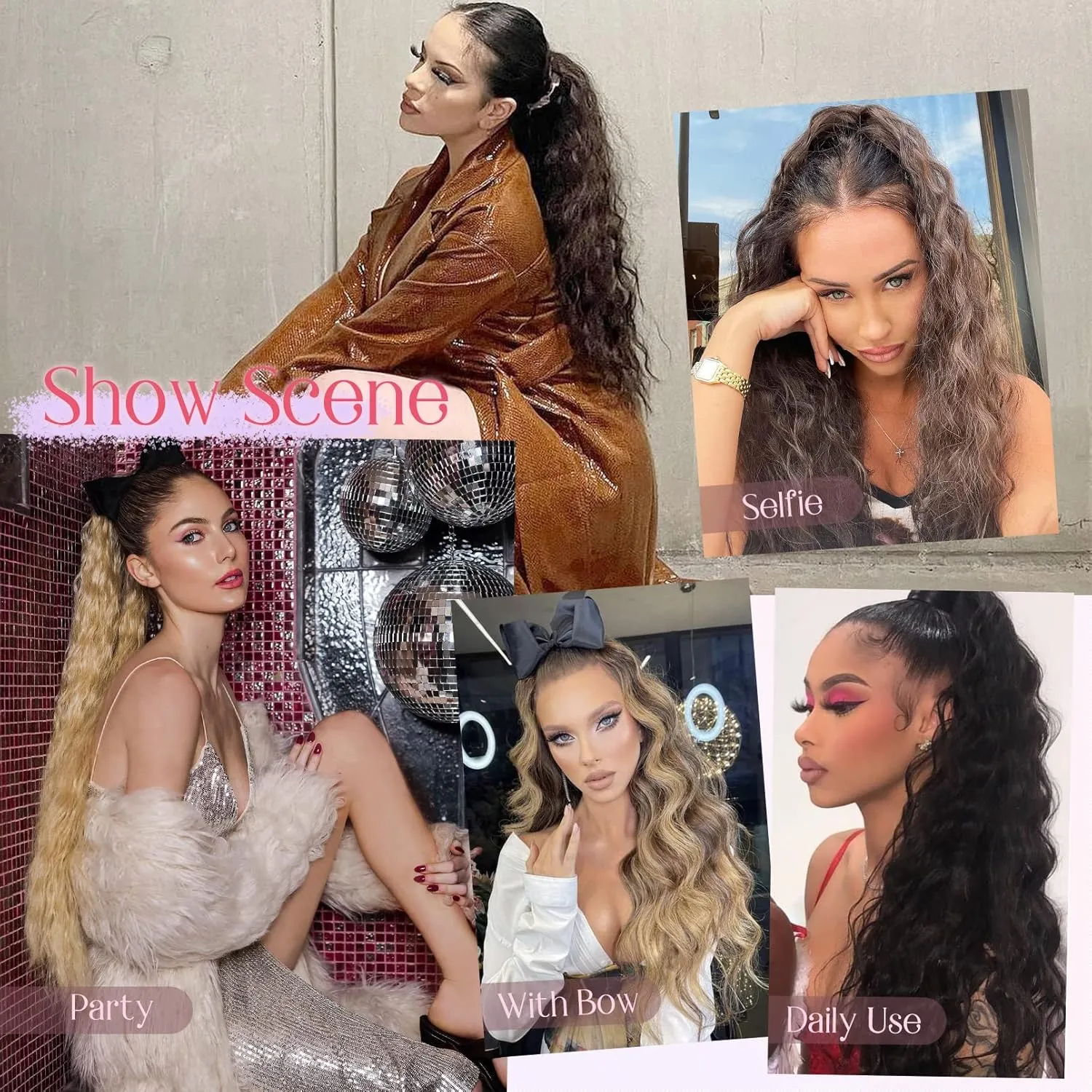 HOOJIH Ponytail Extension, Drawstring Ponytail Hair Extensions 26 Inch Long Curly Wavy Ponytail Natural Wavy Synthetic Hairpiece for Women Daily Use - Black Brown with highlights