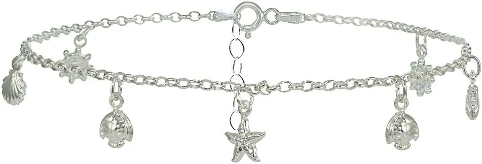 Hoops & Loops 925 Sterling Silver Rolo Chain Dangling Starfish Shell Turtle Charm Ankle Bracelet for Women Men, 9 Inch   1" Extender Boho Cute Summer Beach Anklet Foot Jewelry