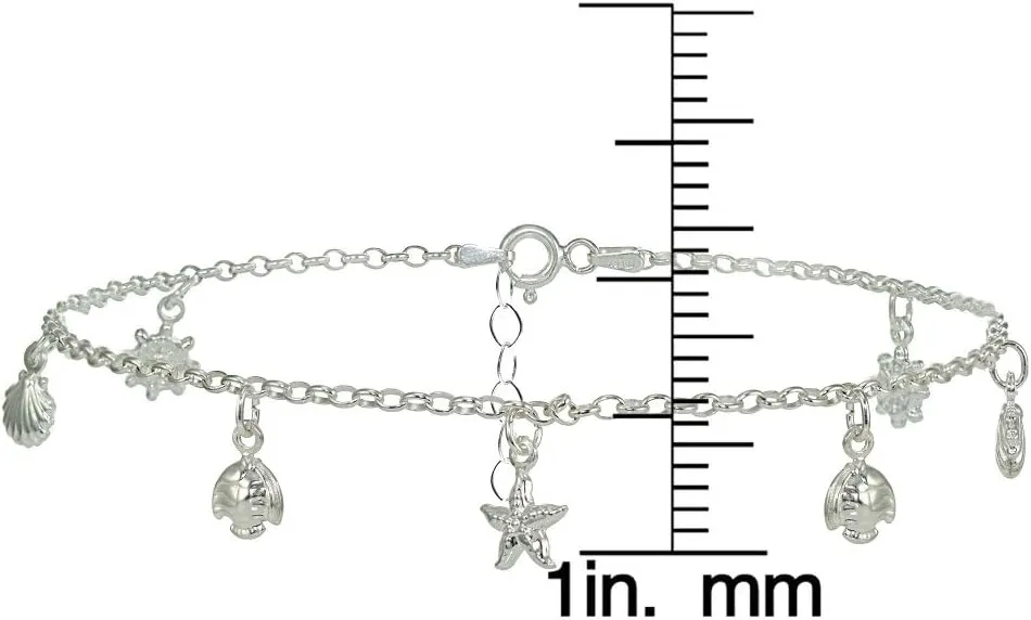 Hoops & Loops 925 Sterling Silver Rolo Chain Dangling Starfish Shell Turtle Charm Ankle Bracelet for Women Men, 9 Inch   1" Extender Boho Cute Summer Beach Anklet Foot Jewelry