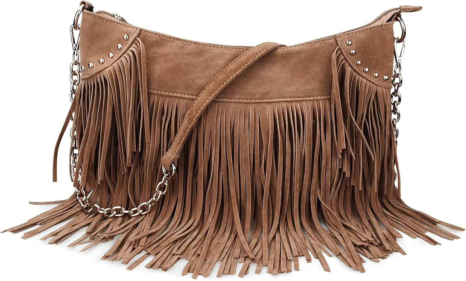 HOXIS Studded Tassel Faux Suede Leather Hobo Cross Body Chain Shoulder Bag Women’s Satchel