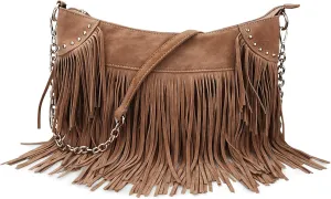 HOXIS Studded Tassel Faux Suede Leather Hobo Cross Body Chain Shoulder Bag Women’s Satchel