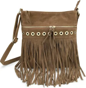 HOXIS Studded Tassel Zipper Faux Suede Leather Cross Body Bag Womens Purse