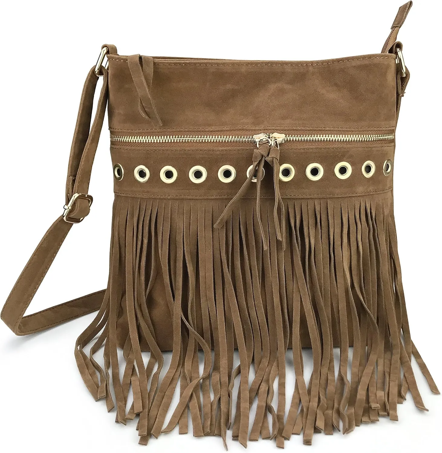 HOXIS Studded Tassel Zipper Faux Suede Leather Cross Body Bag Womens Purse
