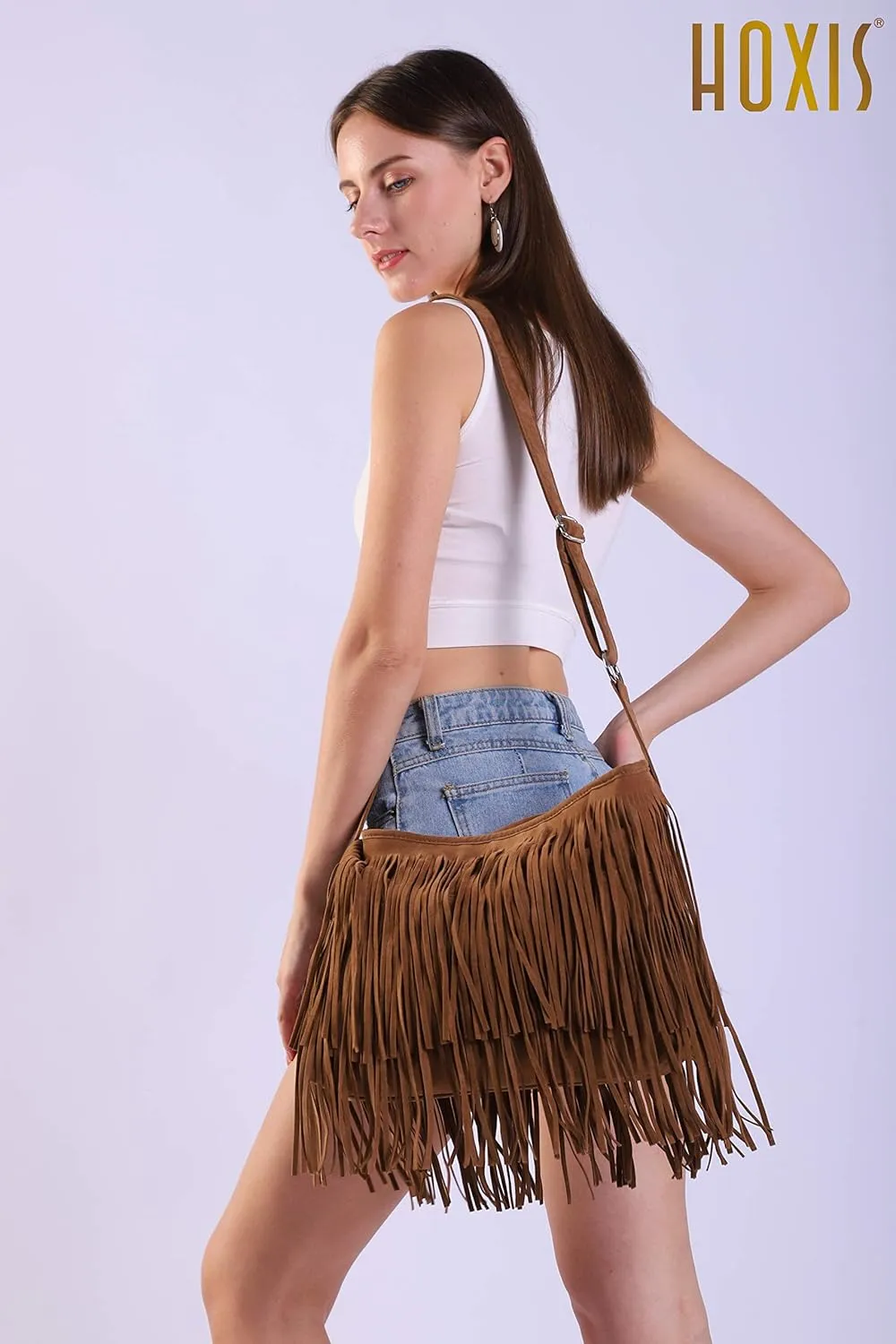 HOXIS Tassel Faux Suede Leather Hobo Cross Body Shoulder Bag Womens Sling Bag