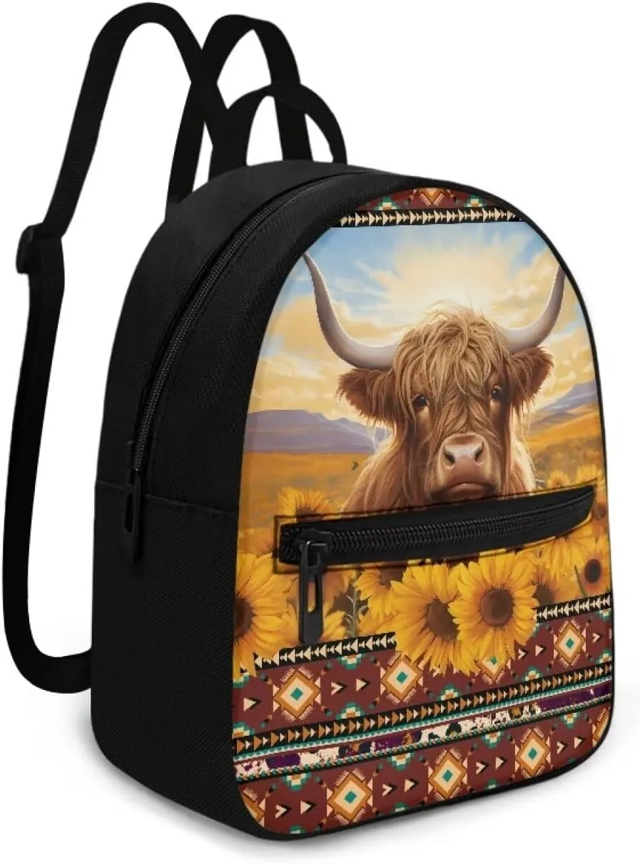 HUGS IDEA Aztec Tibal Cattle Backpack for Women Travel Sunflowers Mini Cell Phone Backpack for Teen Girls Lightweight Backpack Purse Casual Mini Backpacks for Girls Travel Bag
