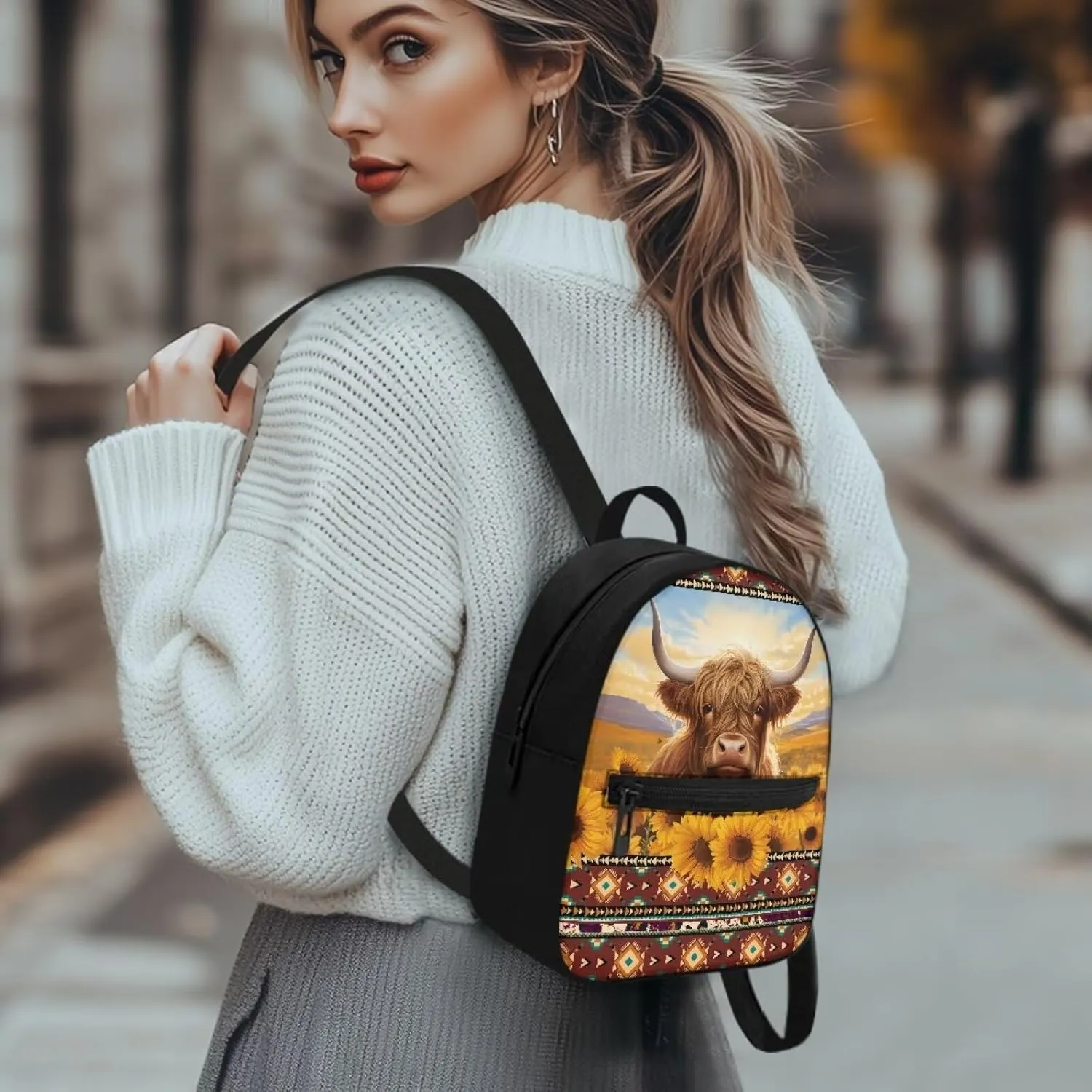 HUGS IDEA Aztec Tibal Cattle Backpack for Women Travel Sunflowers Mini Cell Phone Backpack for Teen Girls Lightweight Backpack Purse Casual Mini Backpacks for Girls Travel Bag