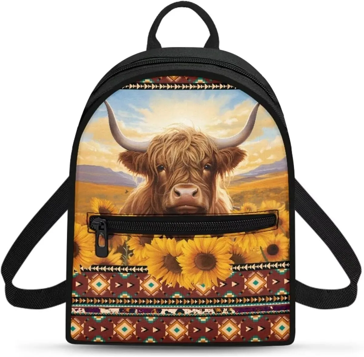 HUGS IDEA Aztec Tibal Cattle Backpack for Women Travel Sunflowers Mini Cell Phone Backpack for Teen Girls Lightweight Backpack Purse Casual Mini Backpacks for Girls Travel Bag