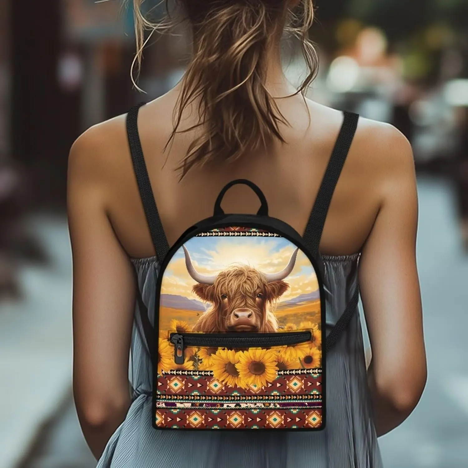 HUGS IDEA Aztec Tibal Cattle Backpack for Women Travel Sunflowers Mini Cell Phone Backpack for Teen Girls Lightweight Backpack Purse Casual Mini Backpacks for Girls Travel Bag