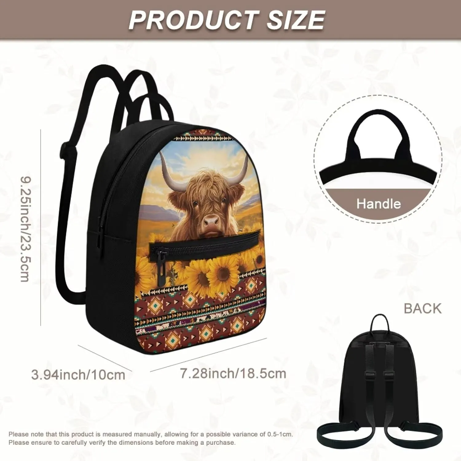HUGS IDEA Aztec Tibal Cattle Backpack for Women Travel Sunflowers Mini Cell Phone Backpack for Teen Girls Lightweight Backpack Purse Casual Mini Backpacks for Girls Travel Bag